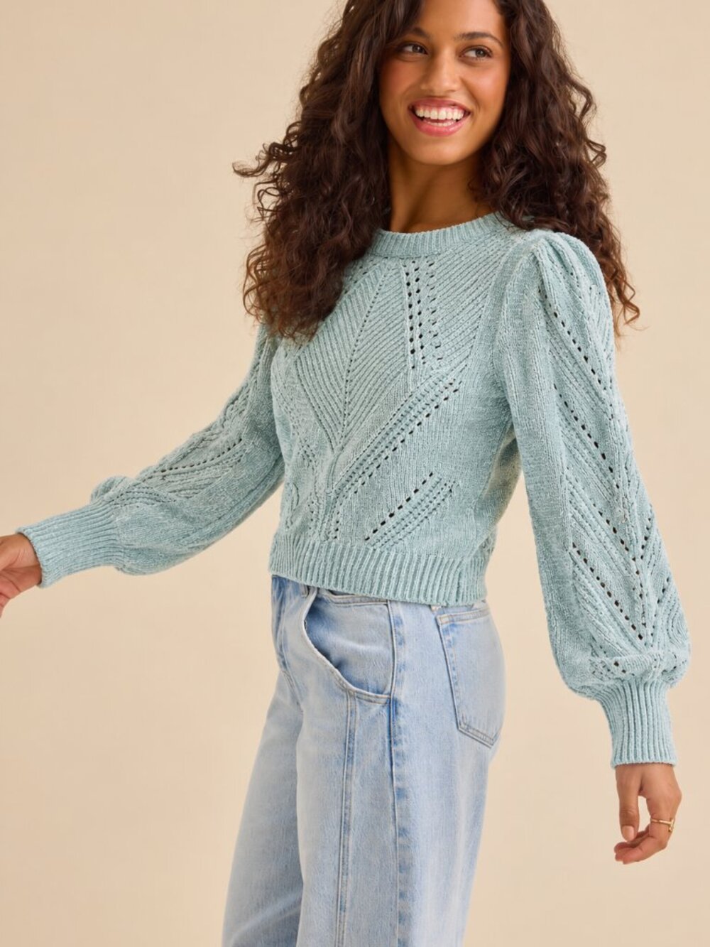 Cynthia Rowley NWT XS Mint Chenille Pointelle Puff Sleeve Cropped Sweater Boho